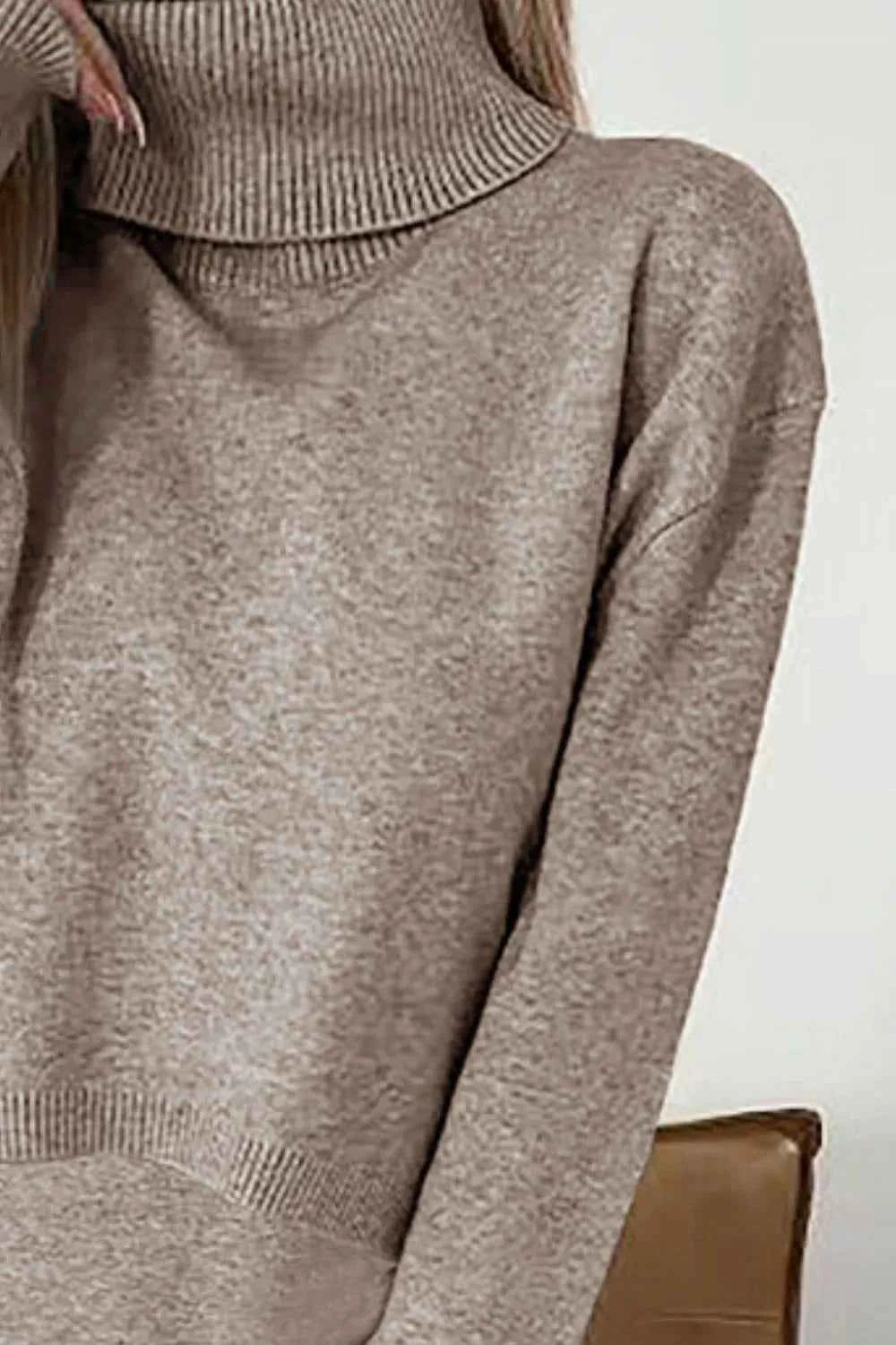 Turtleneck Dropped Shoulder Sweater and Dress Sweater Set