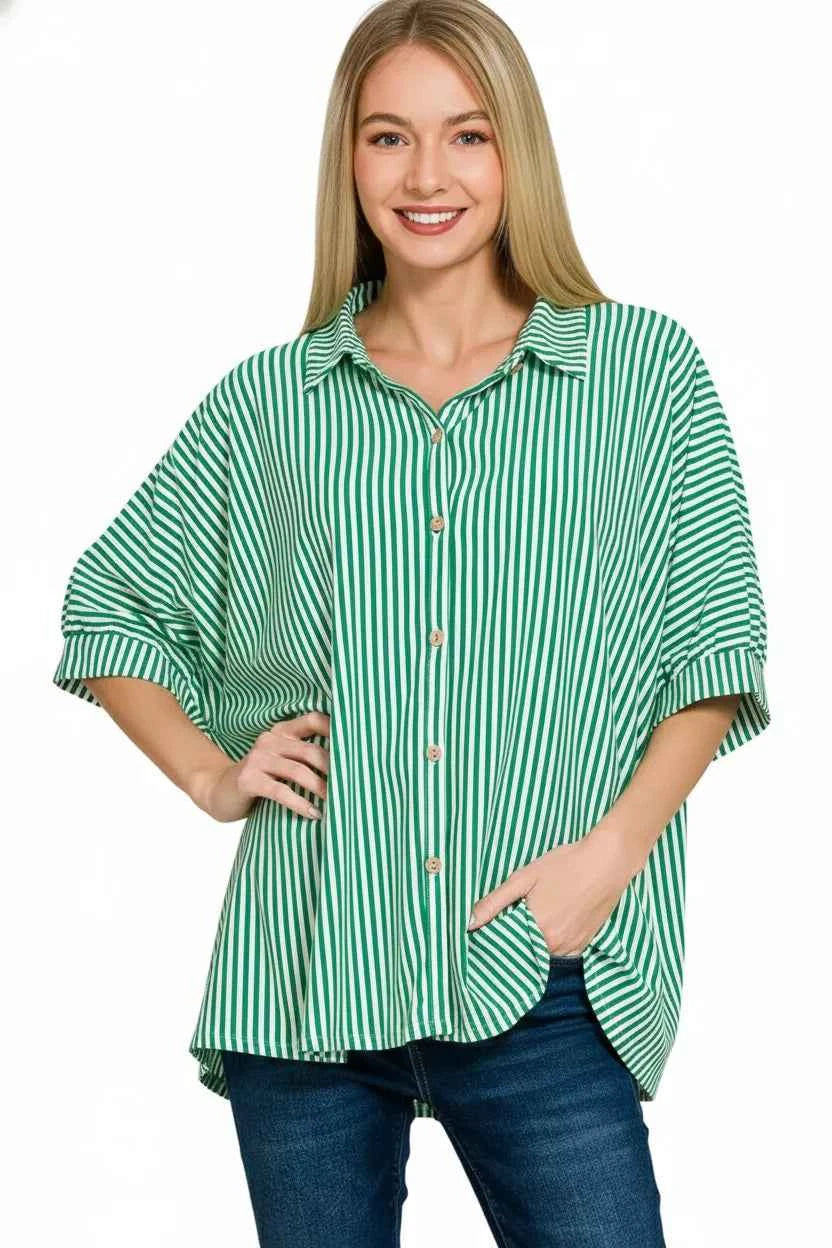Zenana Oversized Stripe Button Down Shirt