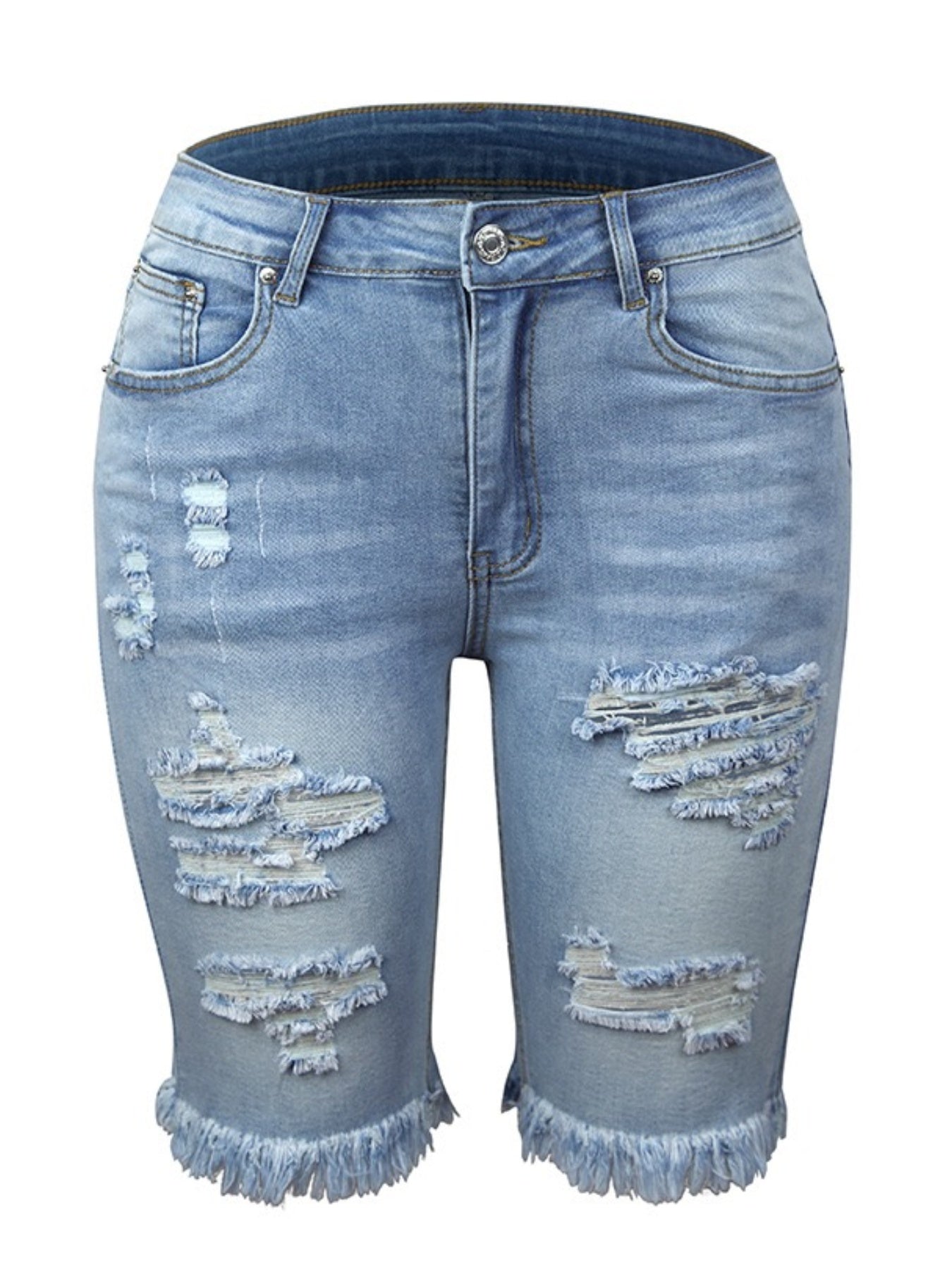 Pantalones cortos de mezclilla para mujer 2025, jeans de longitud tres cuartos, jeans rotos, dobladillos deshilachados