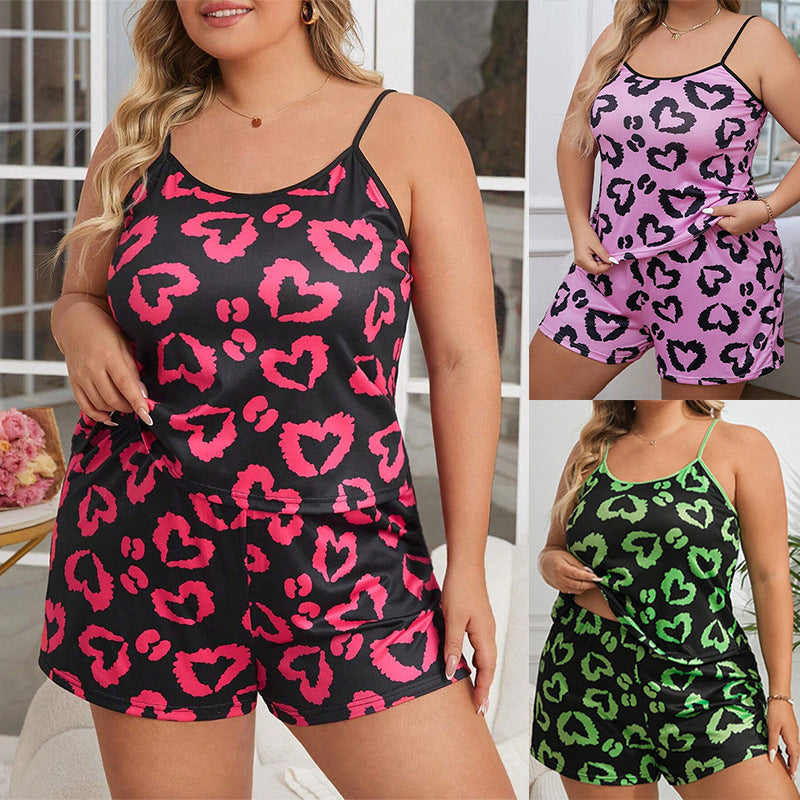 Ropa de casa informal para mujer, talla grande, shorts con tirantes con estampado de corazones