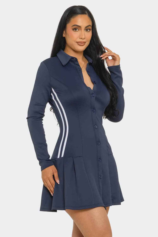Julia by LoveJ - Button Down Side Vertical Contrast Stripe Pleated Mini Dress: 💙 Sporty. Polished. Flirty.