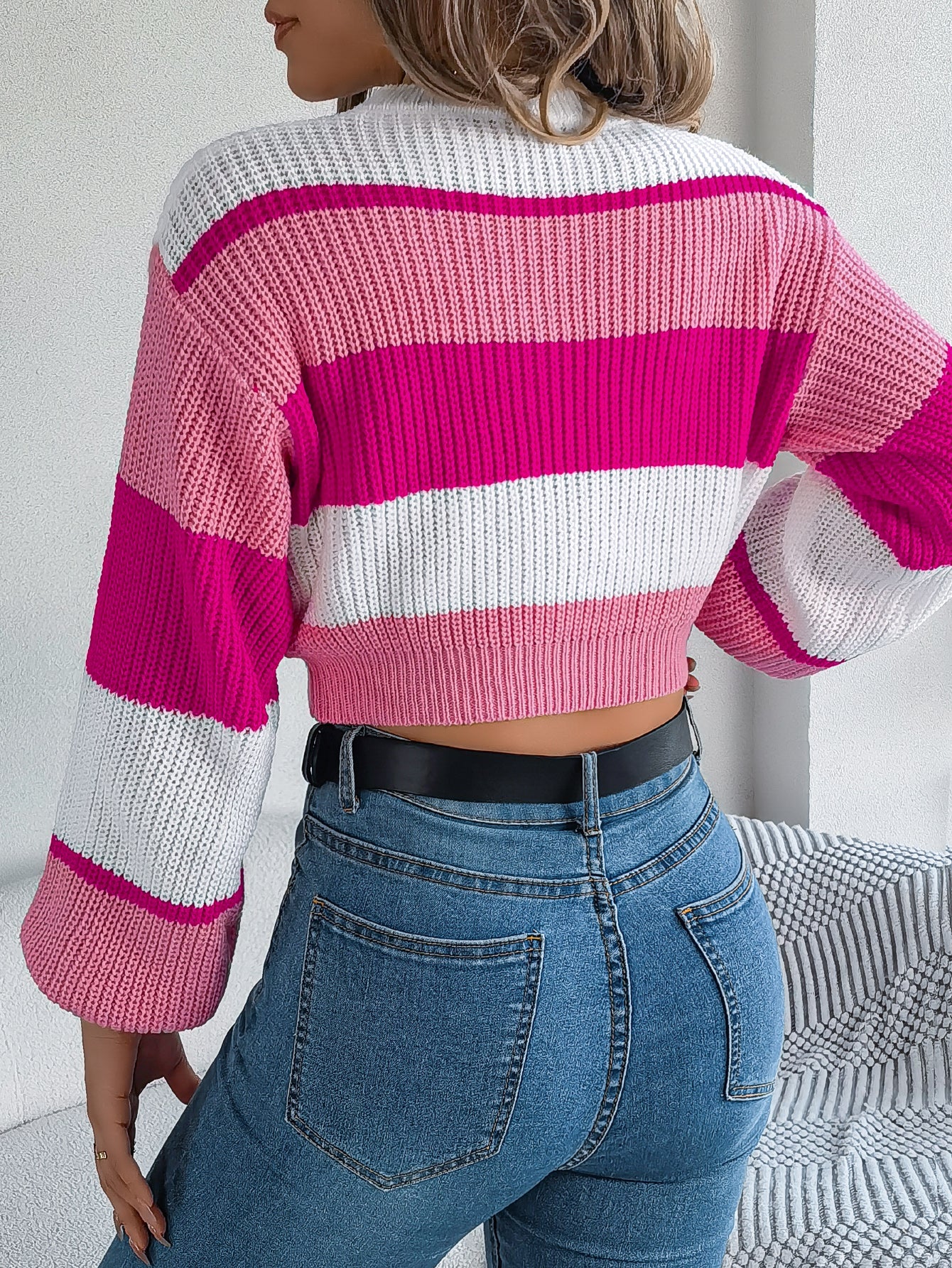Suéter tipo jersey corto de manga farol con bloques de color informal para mujer