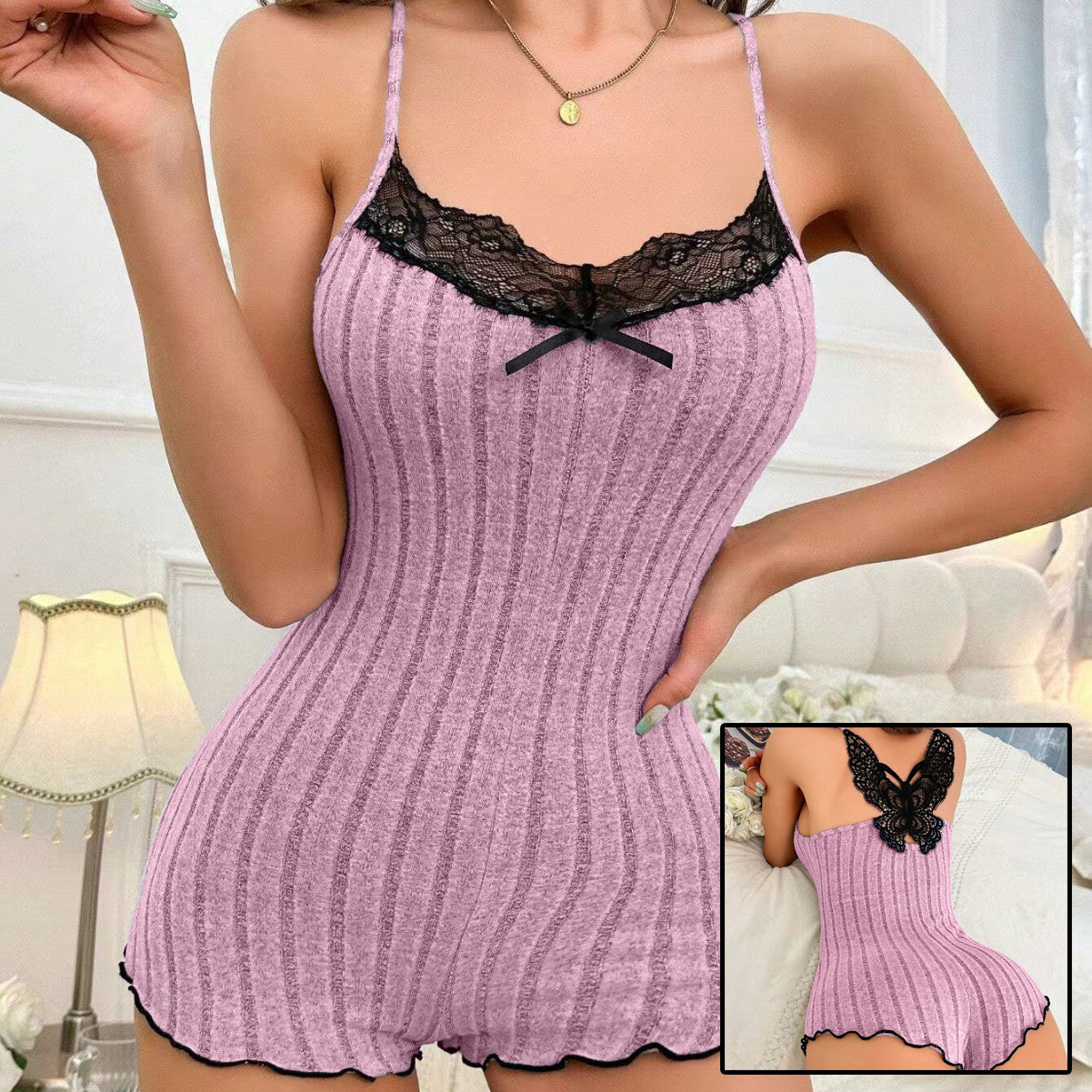 Pijama de una pieza con tirantes de encaje y espalda de mariposa para mujer
