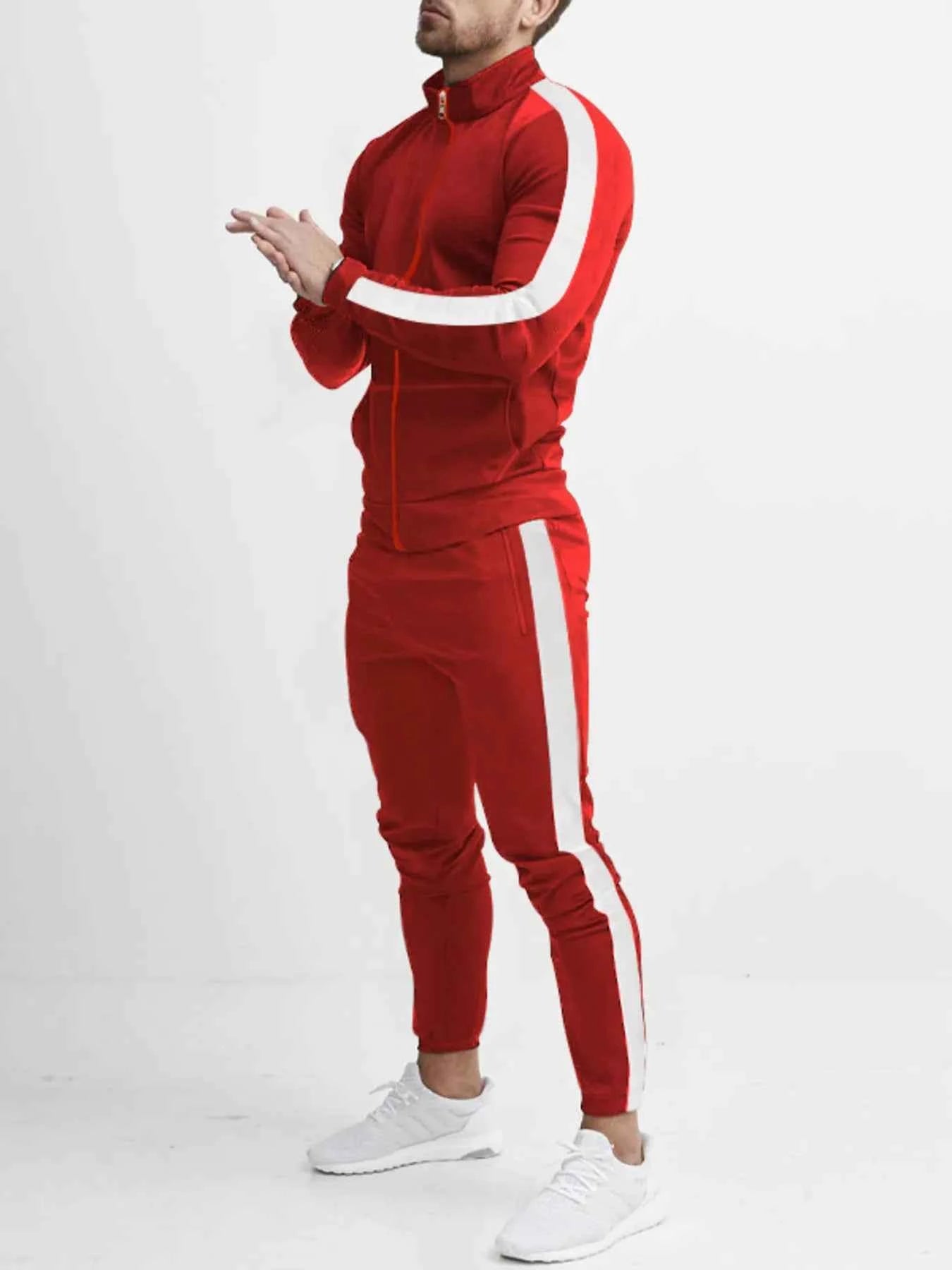 Men's Zip-Up Top and Pants Set with Side Stripes - Plus Size Full Size Activewear