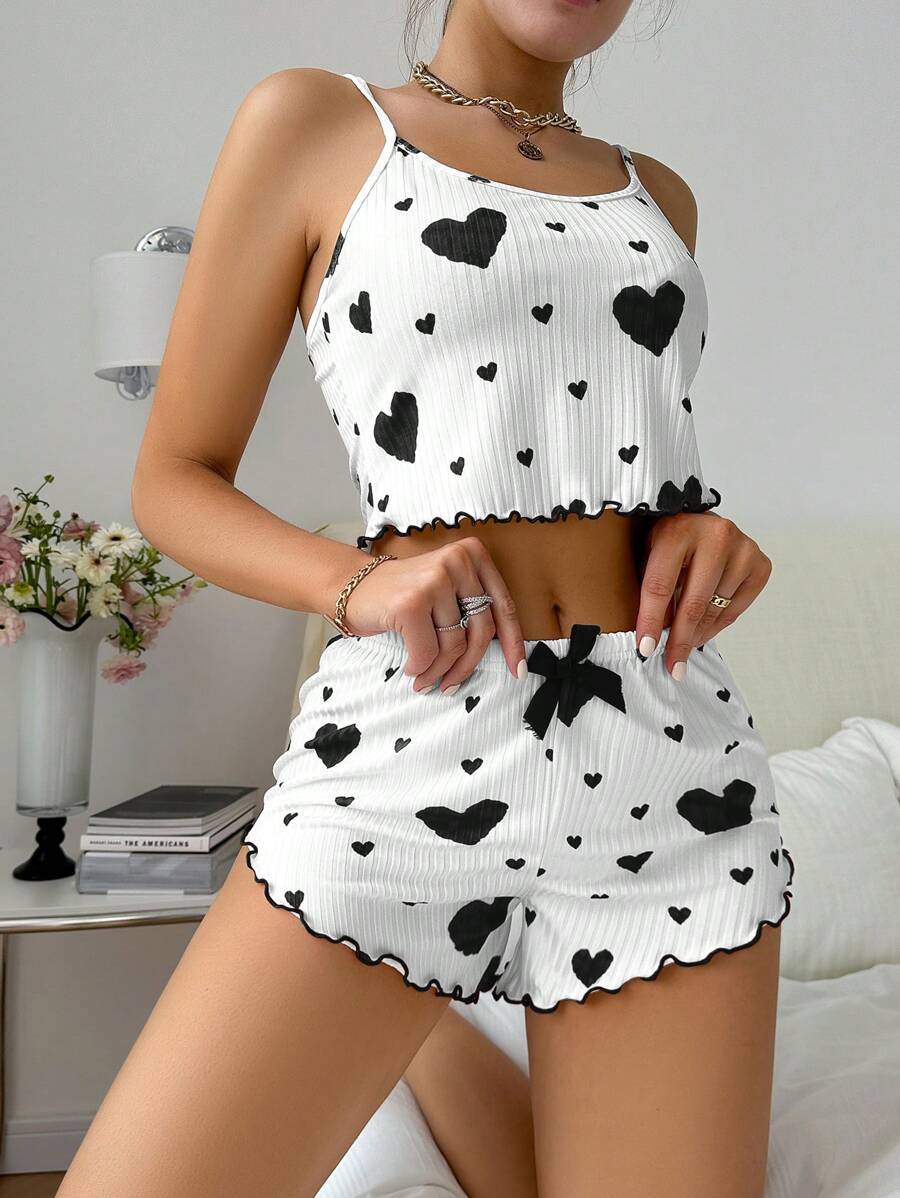 Heart Print Suspender Shorts Pajama Set – Ribbed Lounge & Sleepwear