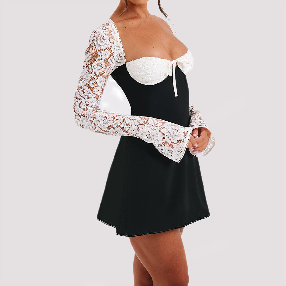Vestido de manga larga de encaje a la moda, sexy, con corsé, sin espalda, con cordones, vestidos cortos, ropa de mujer