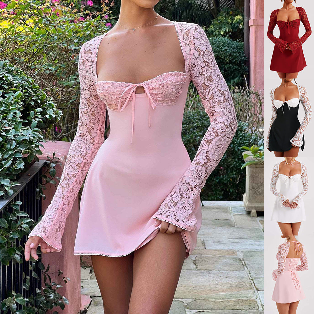 Vestido de manga larga de encaje a la moda, sexy, con corsé, sin espalda, con cordones, vestidos cortos, ropa de mujer