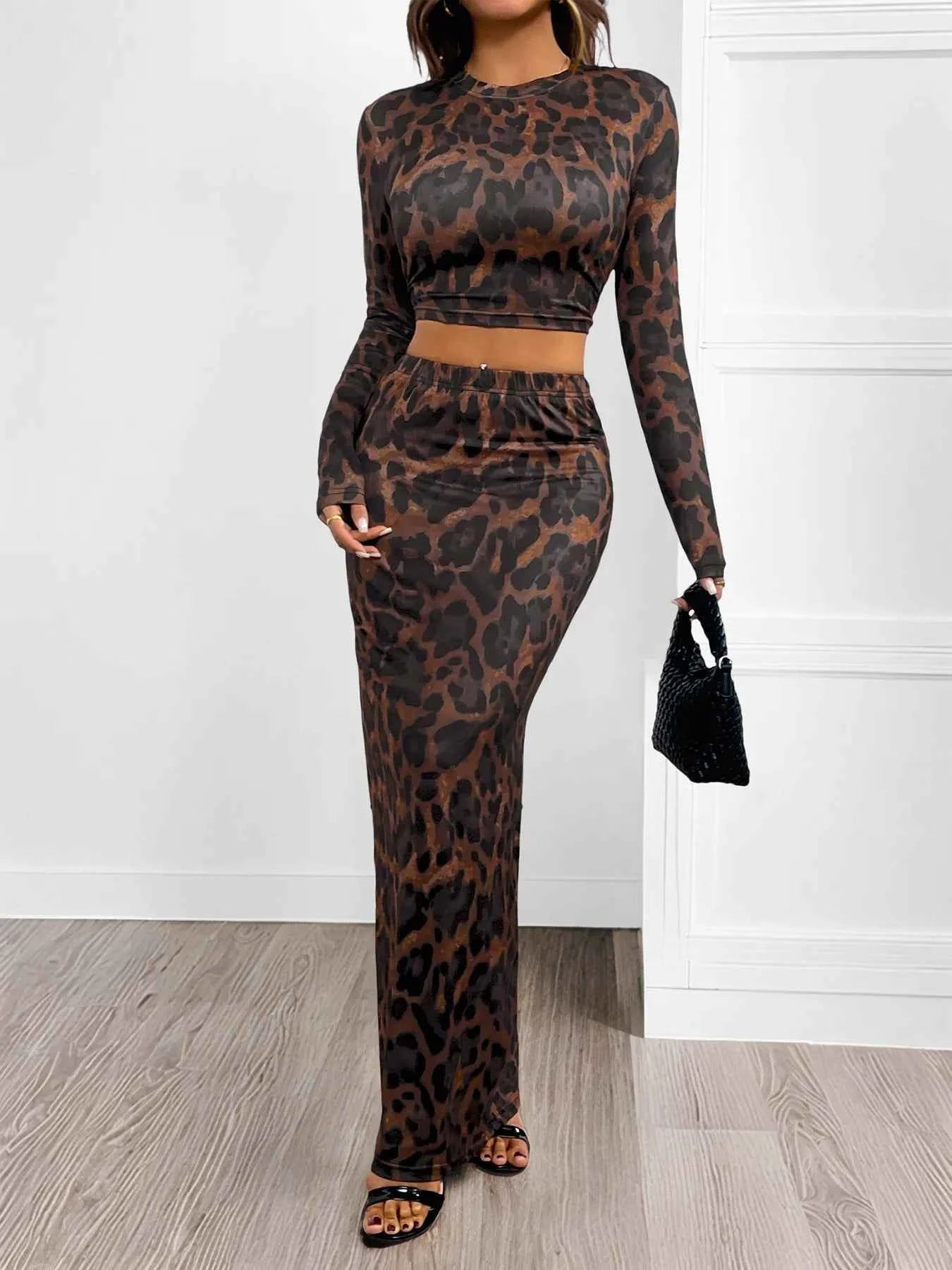 Leopard Round Neck Top and Skirt Set - Stylish Leopard Top and Skirt Set for Every Occasion