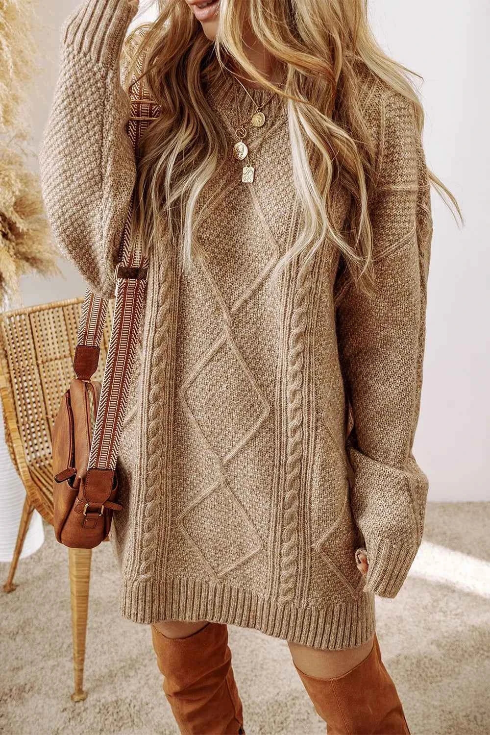 Cable-Knit Sweater Dress with Round Neck