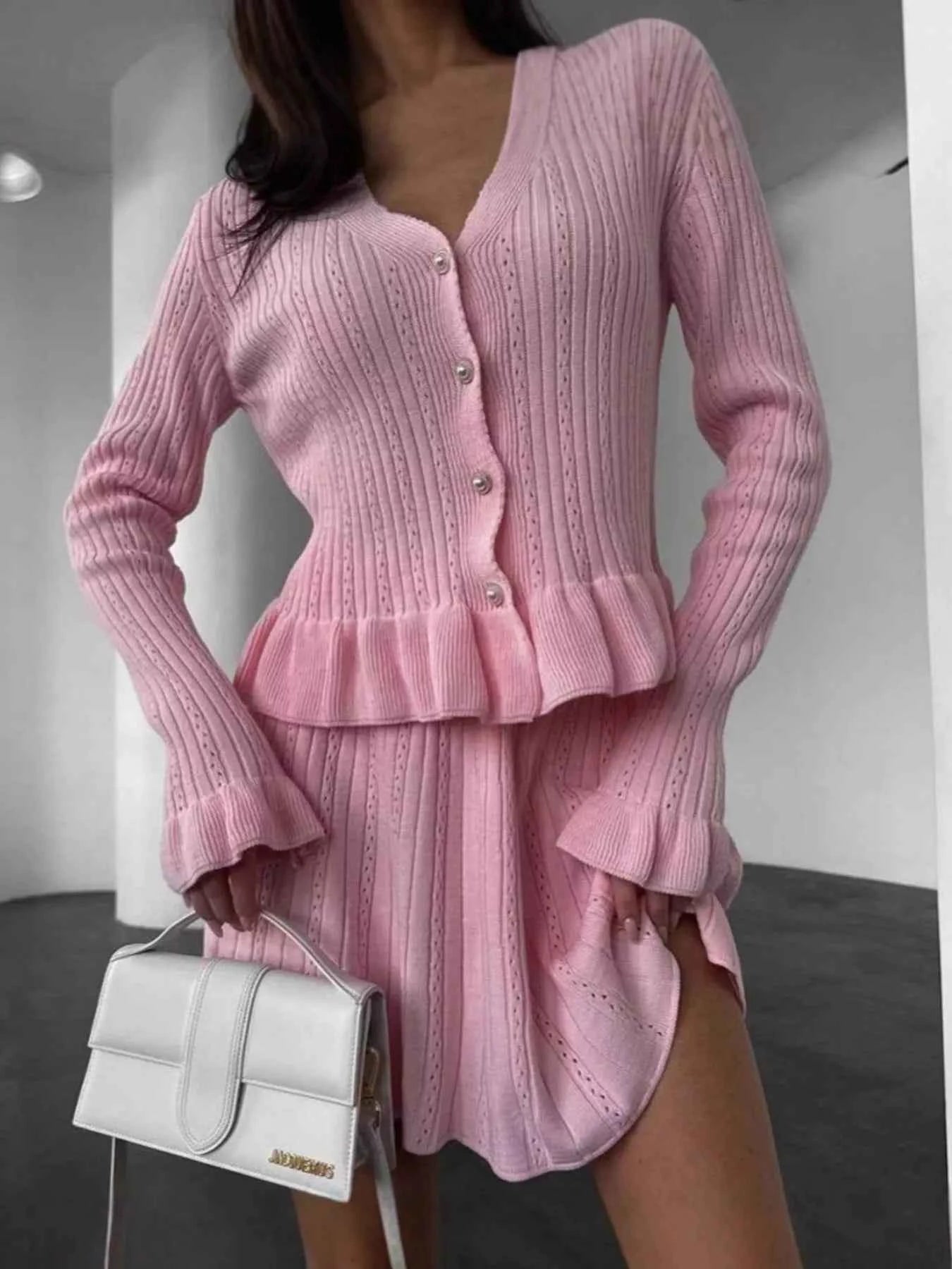 Ruffle Trim Knit Cardigan & Skirt Set
