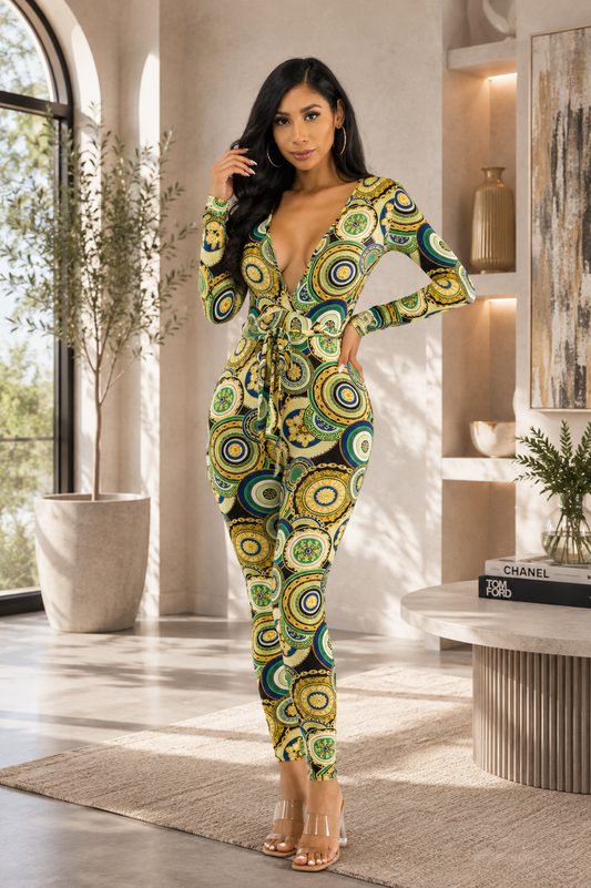 Geometric Print Tie-Waist Jumpsuit: Green 💚 Bold Print. Snatched Waist. Major Vibes.