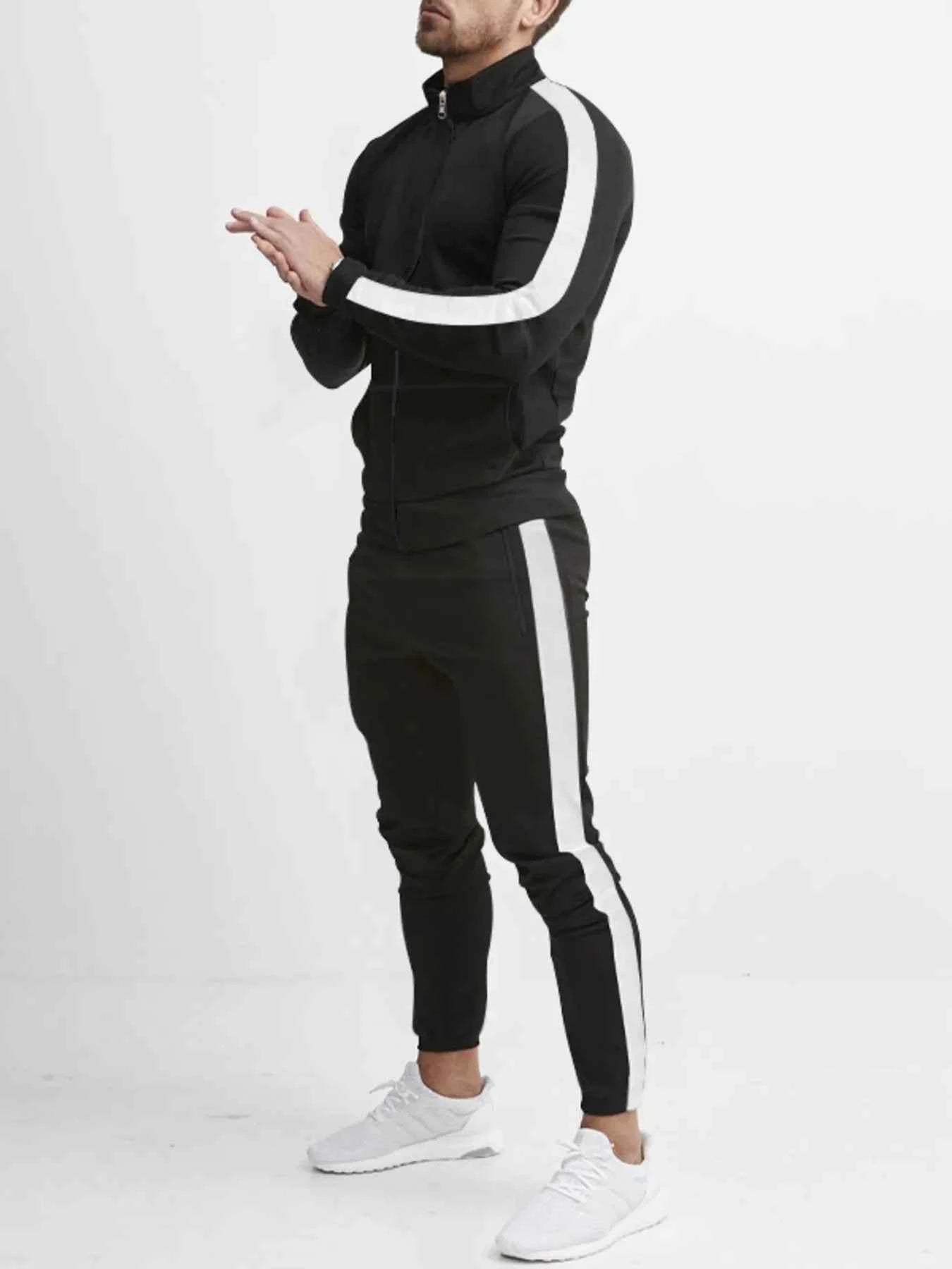 Men's Zip-Up Top and Pants Set with Side Stripes - Plus Size Full Size Activewear