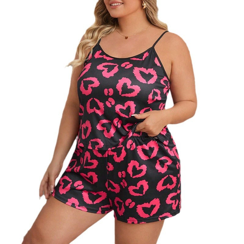 Ropa de casa informal para mujer, talla grande, shorts con tirantes con estampado de corazones
