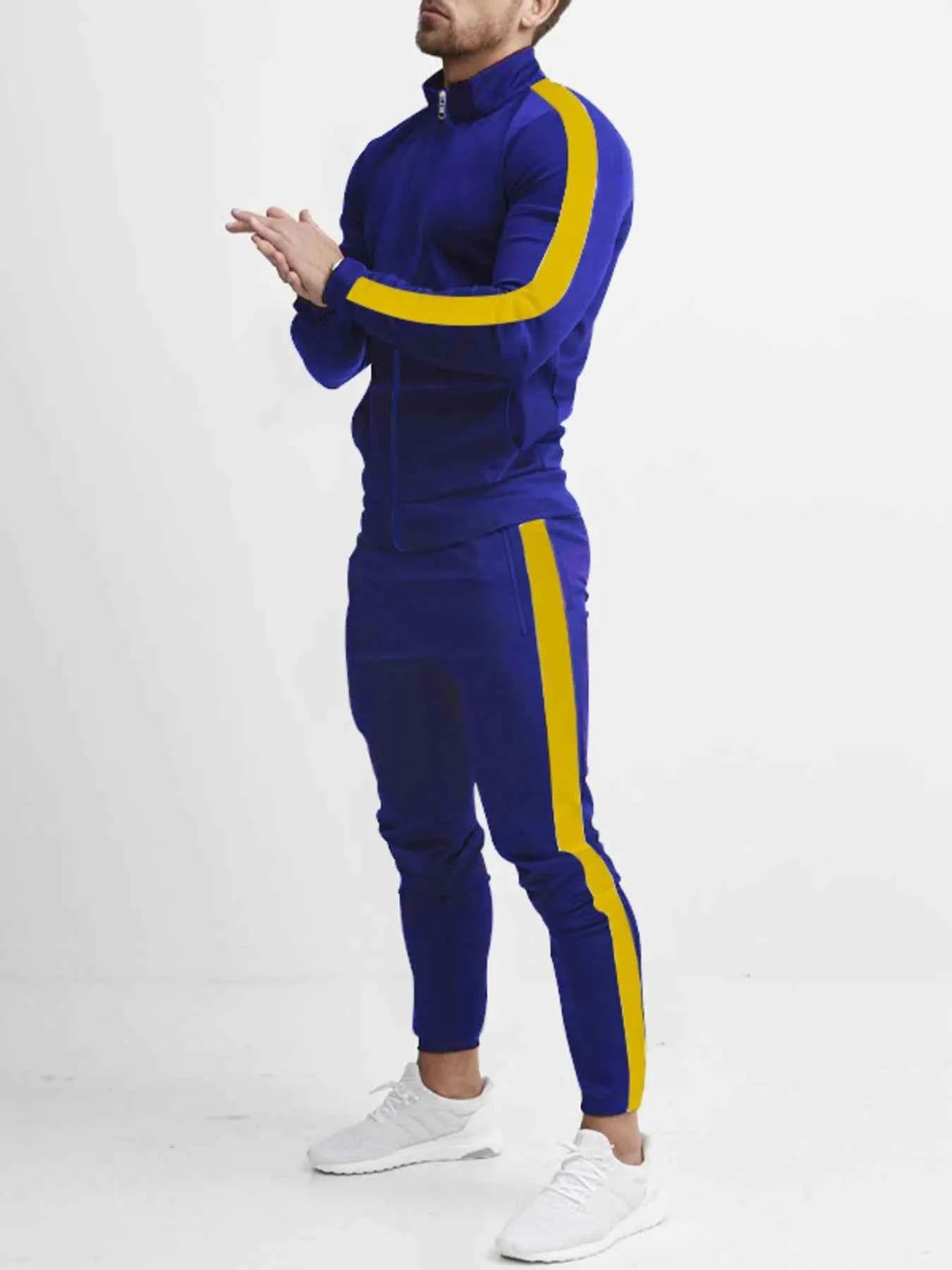 Men's Zip-Up Top and Pants Set with Side Stripes - Plus Size Full Size Activewear