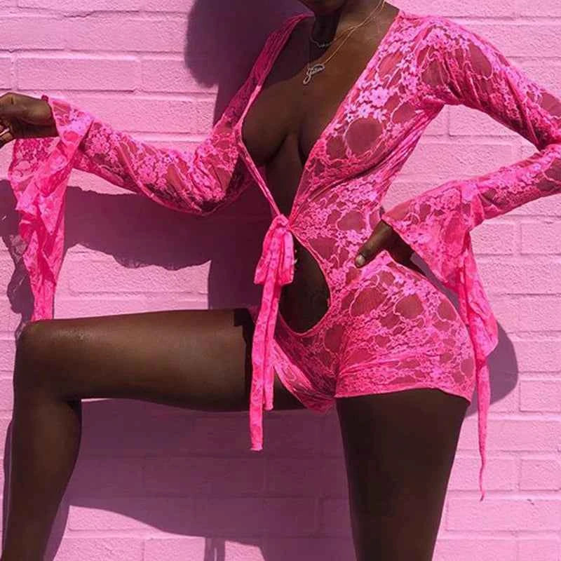 Midnight Muse Sheer Lace Hollow Out Romper