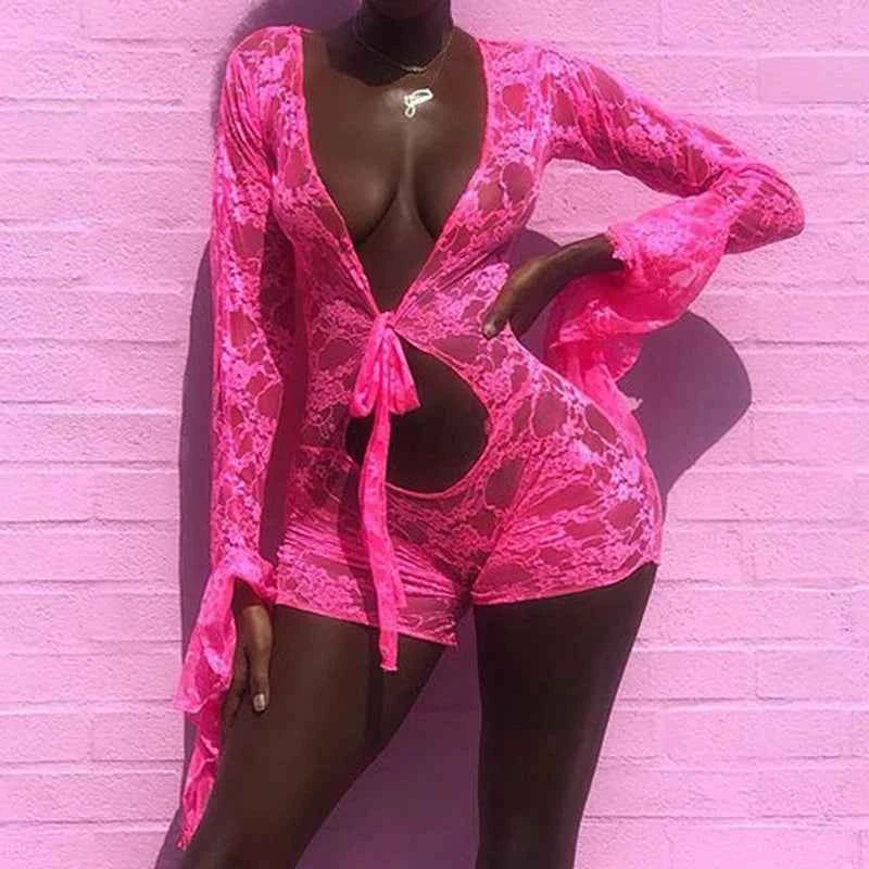 Midnight Muse Sheer Lace Hollow Out Romper