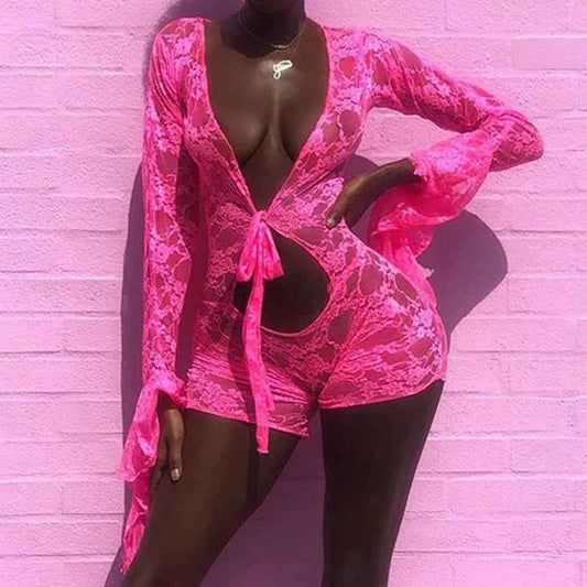 Midnight Muse Sheer Lace Hollow Out Romper