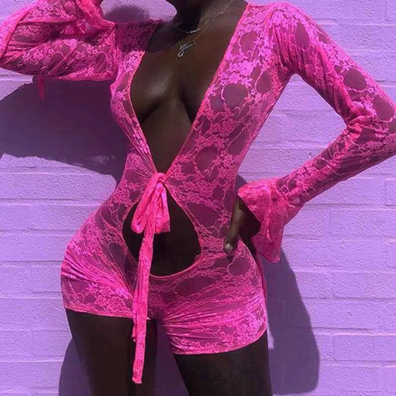 Midnight Muse Sheer Lace Hollow Out Romper