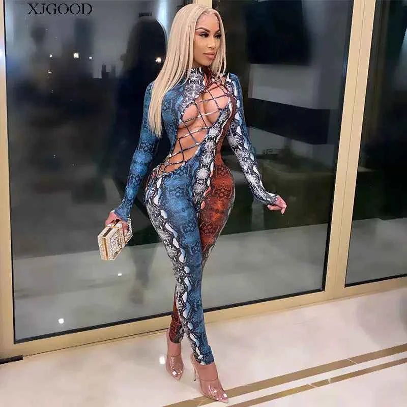 Serpentine Hollowed out Lace-up Jumpsuit Snake Print Hollow out Strap Jumpsuit for Women