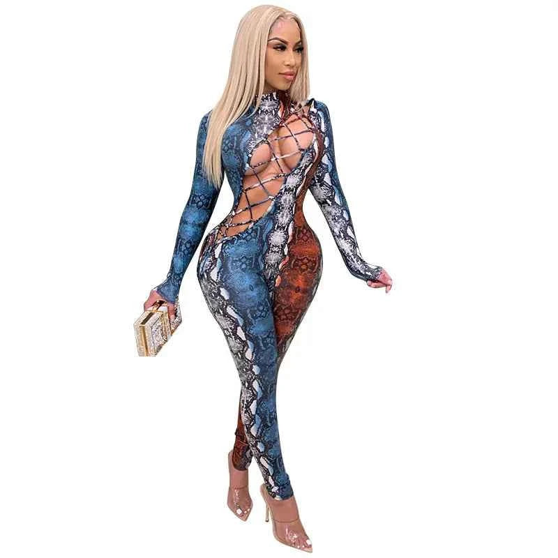 Serpentine Hollowed out Lace-up Jumpsuit Snake Print Hollow out Strap Jumpsuit for Women