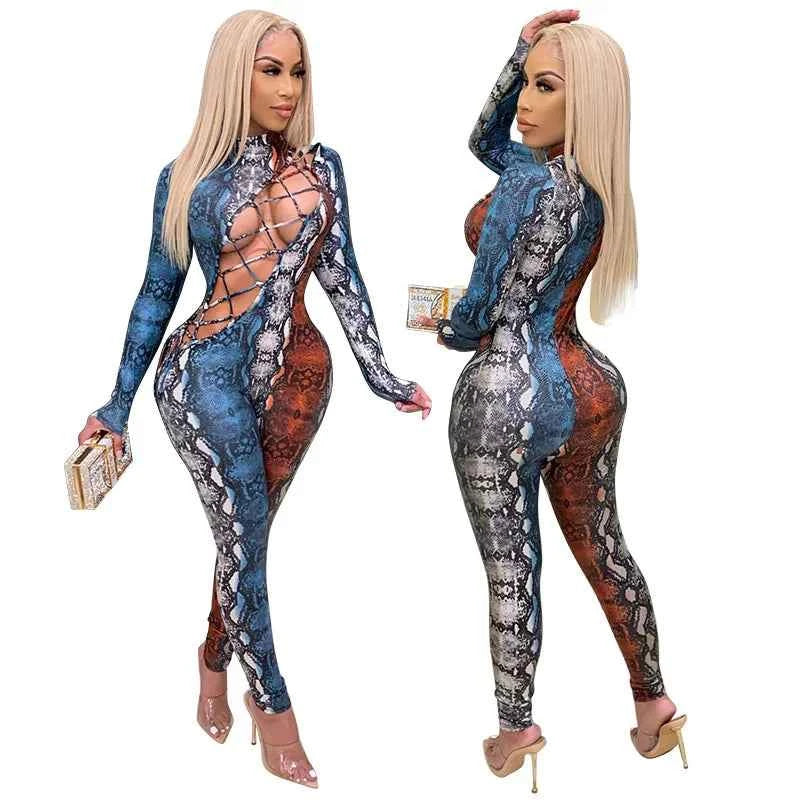 Serpentine Hollowed out Lace-up Jumpsuit Snake Print Hollow out Strap Jumpsuit for Women