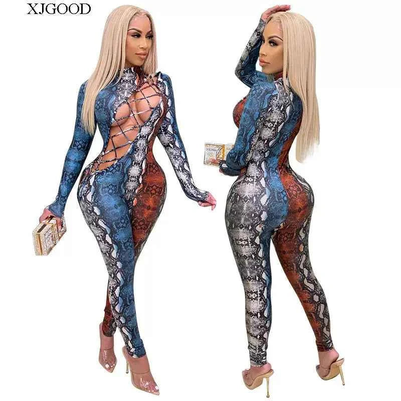 Serpentine Hollowed out Lace-up Jumpsuit Snake Print Hollow out Strap Jumpsuit for Women