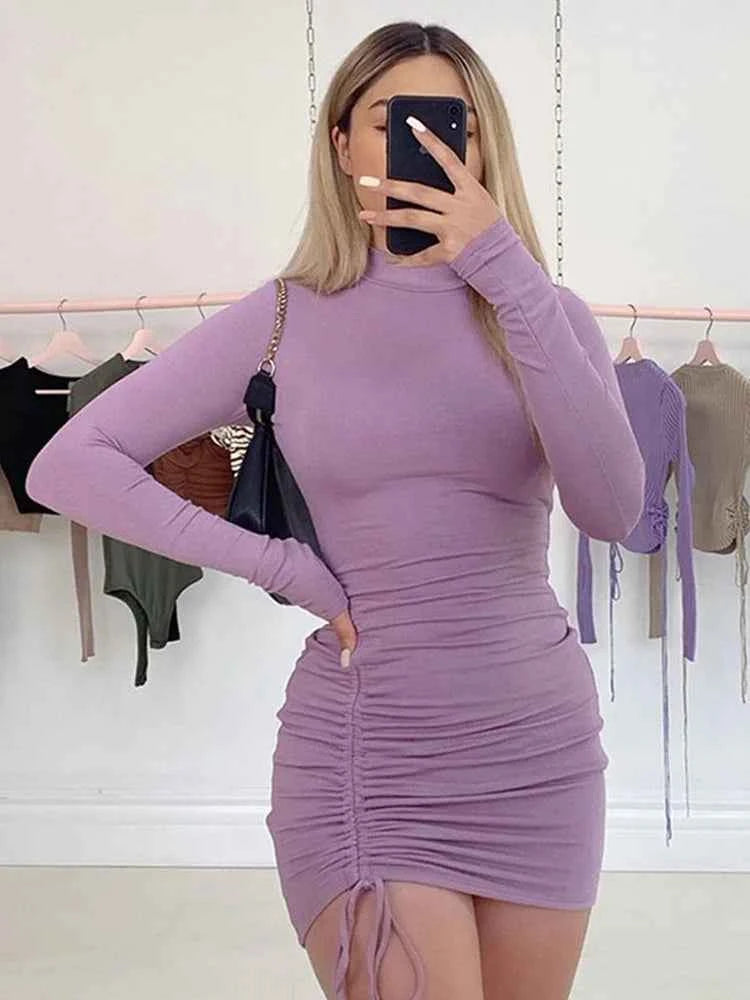 Long Sleeve Ruched Bodycon Mini Dress – Turtleneck Clubwear