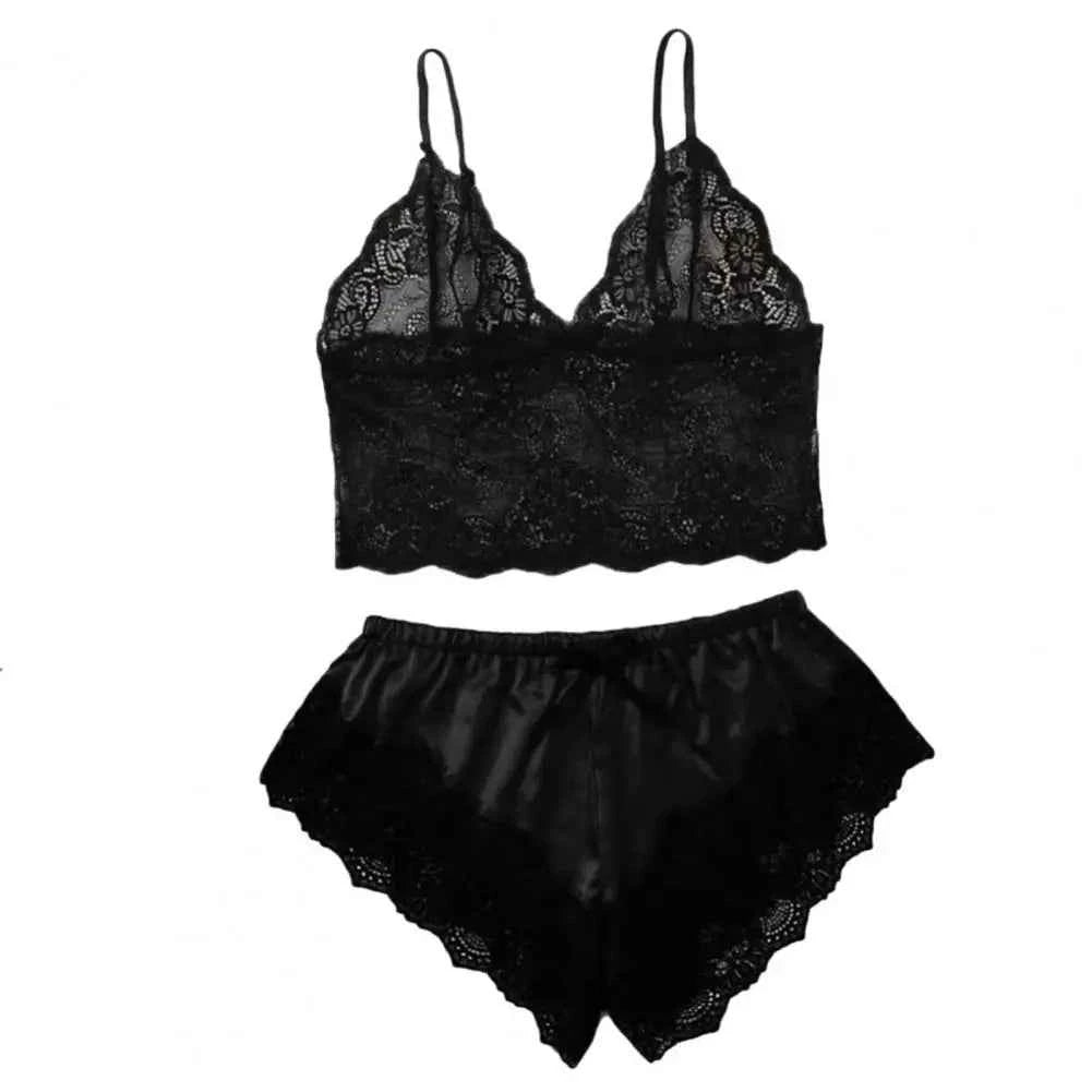 Lace Trim Satin Sleepwear Set (Women’s Camisole & Shorts Pajama Set)