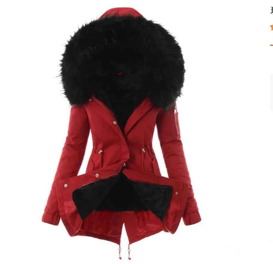 Women’s Slim Fit Hooded Fur Collar Jacket – Winter Office Style (8 Colors)