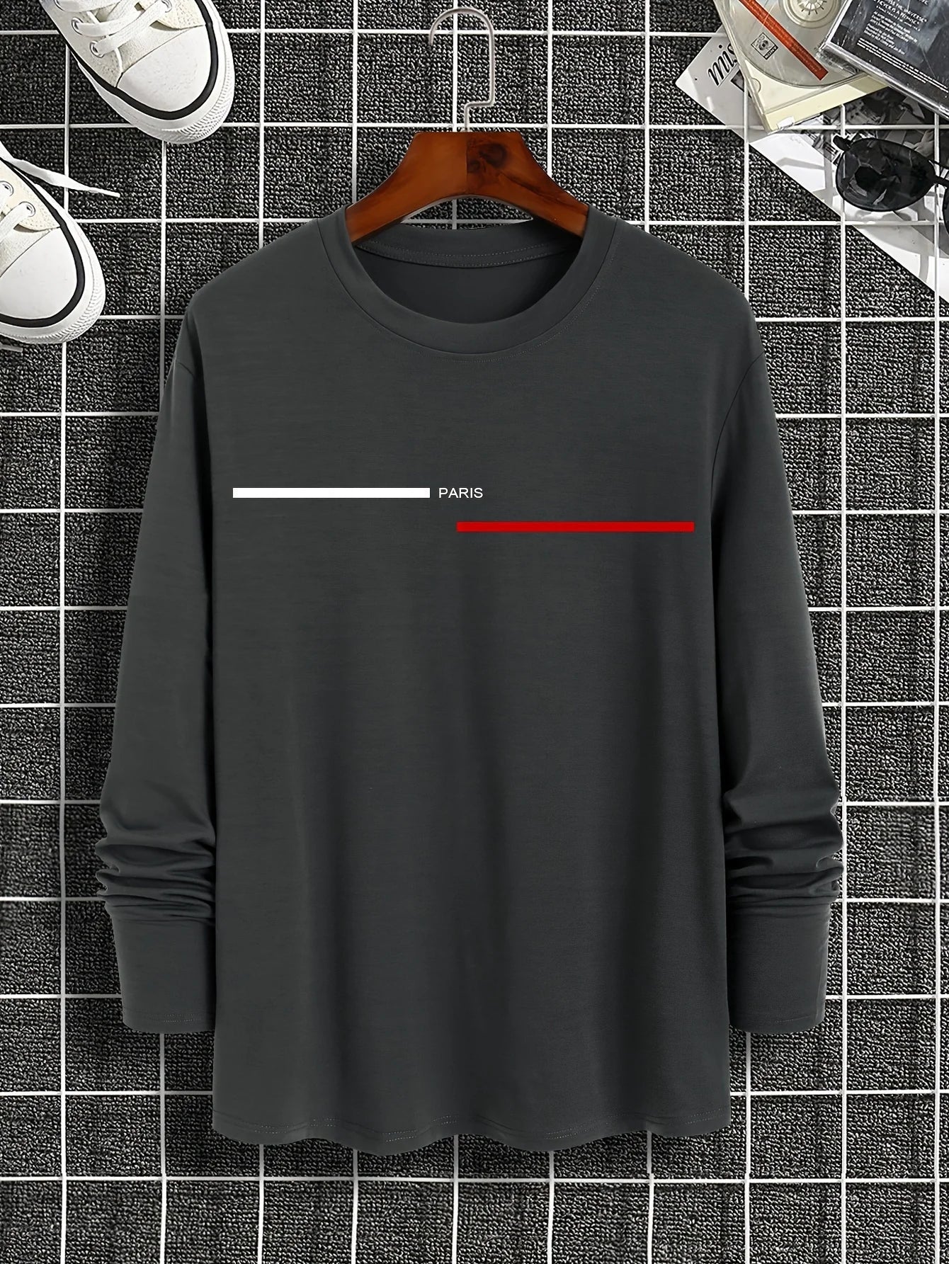 Camiseta de manga larga estampada con letras de París para hombre - 100% algodón, informal y cómoda