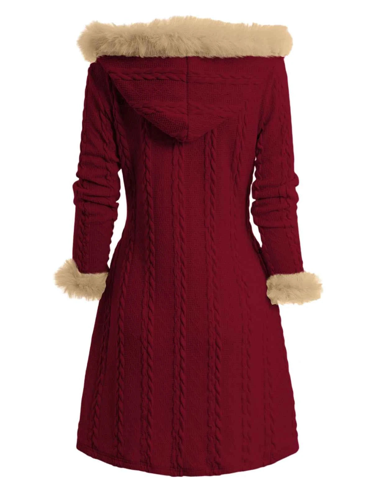 Dressfo Women’s Hooded Cable Knit Coat – Winter Plaid & Faux Fur Panel