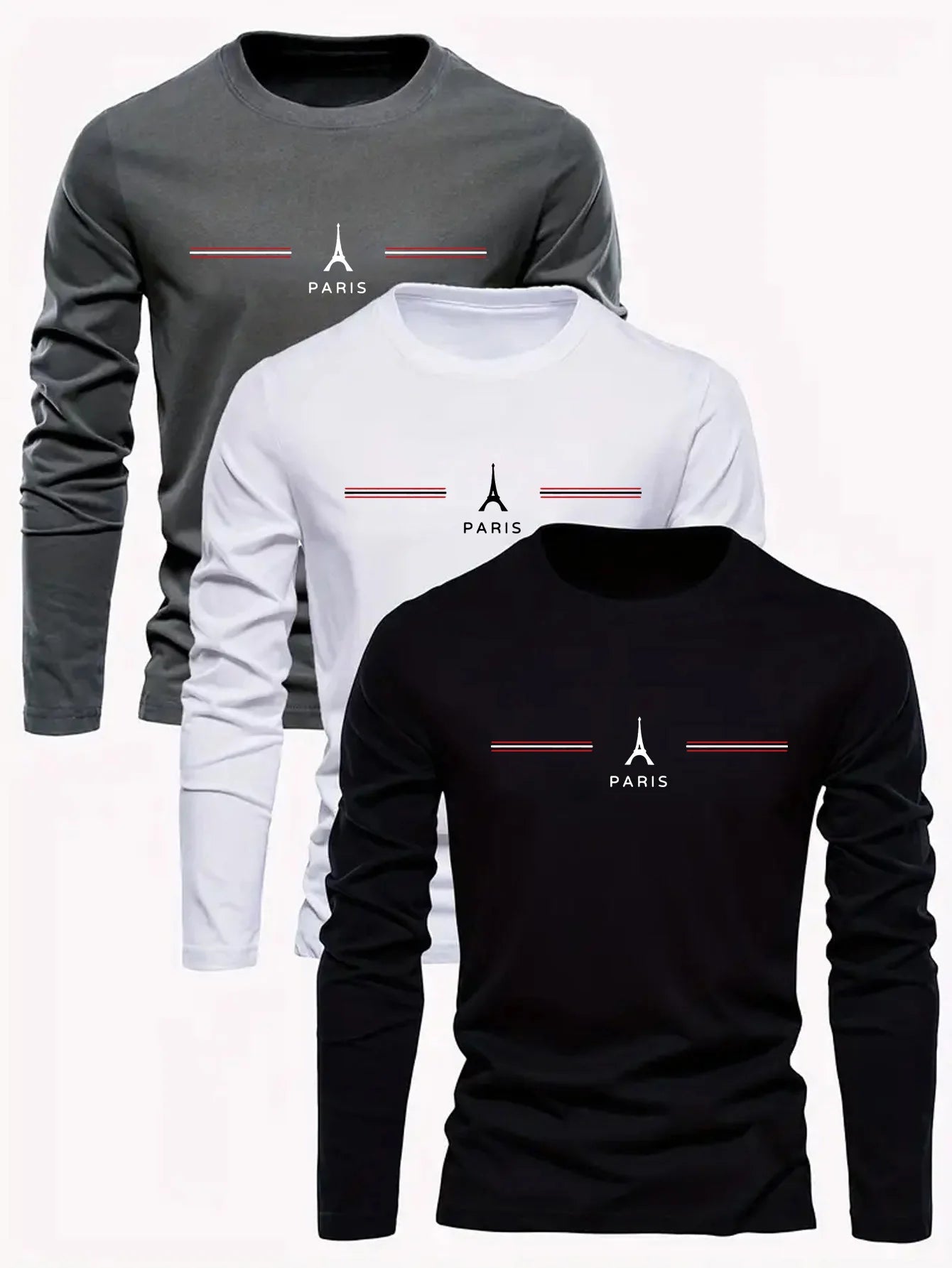 Camiseta de manga larga estampada con letras de París para hombre - 100% algodón, informal y cómoda
