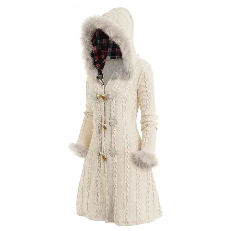 Dressfo Women’s Hooded Cable Knit Coat – Winter Plaid & Faux Fur Panel