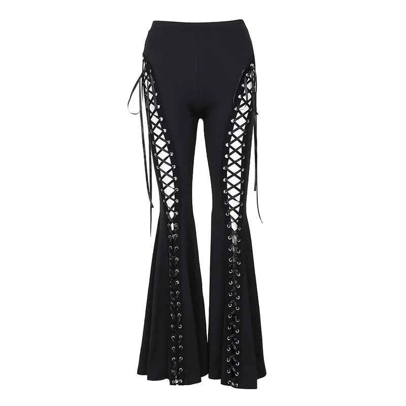 Cut-Out Lace-Up Flare Pants (Women’s Gothic Streetwear Leggings)
