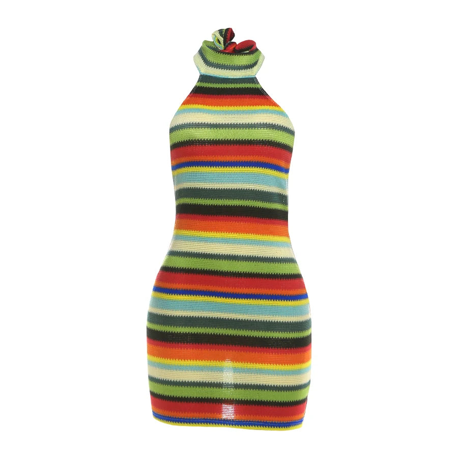 DCDG Stripe Patchwork Halter Mini Dress (Women’s Backless Bodycon Dress)