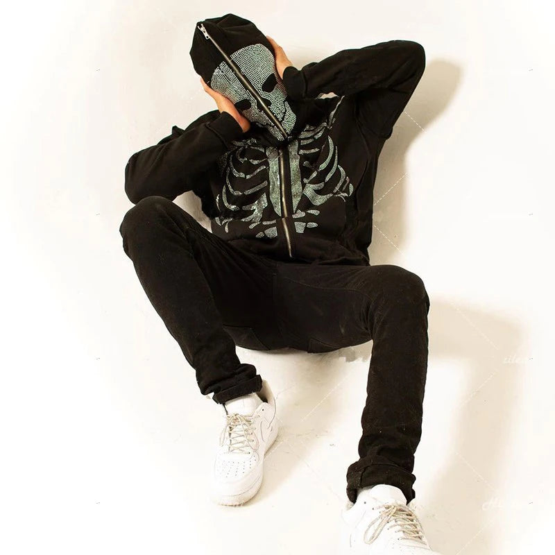 Sudadera con capucha y cremallera con esqueleto gótico de diamantes de imitación DCDG