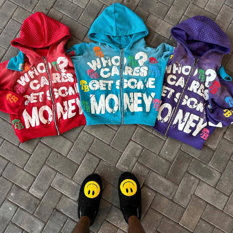 Sudadera con capucha y cremallera con diseño de letras | Chaqueta casual oversize retro unisex
