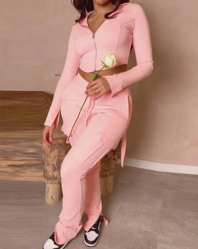 Crop Hoodie & Ruched Sweatpants Set (Women’s 2-Piece Lounge Set)