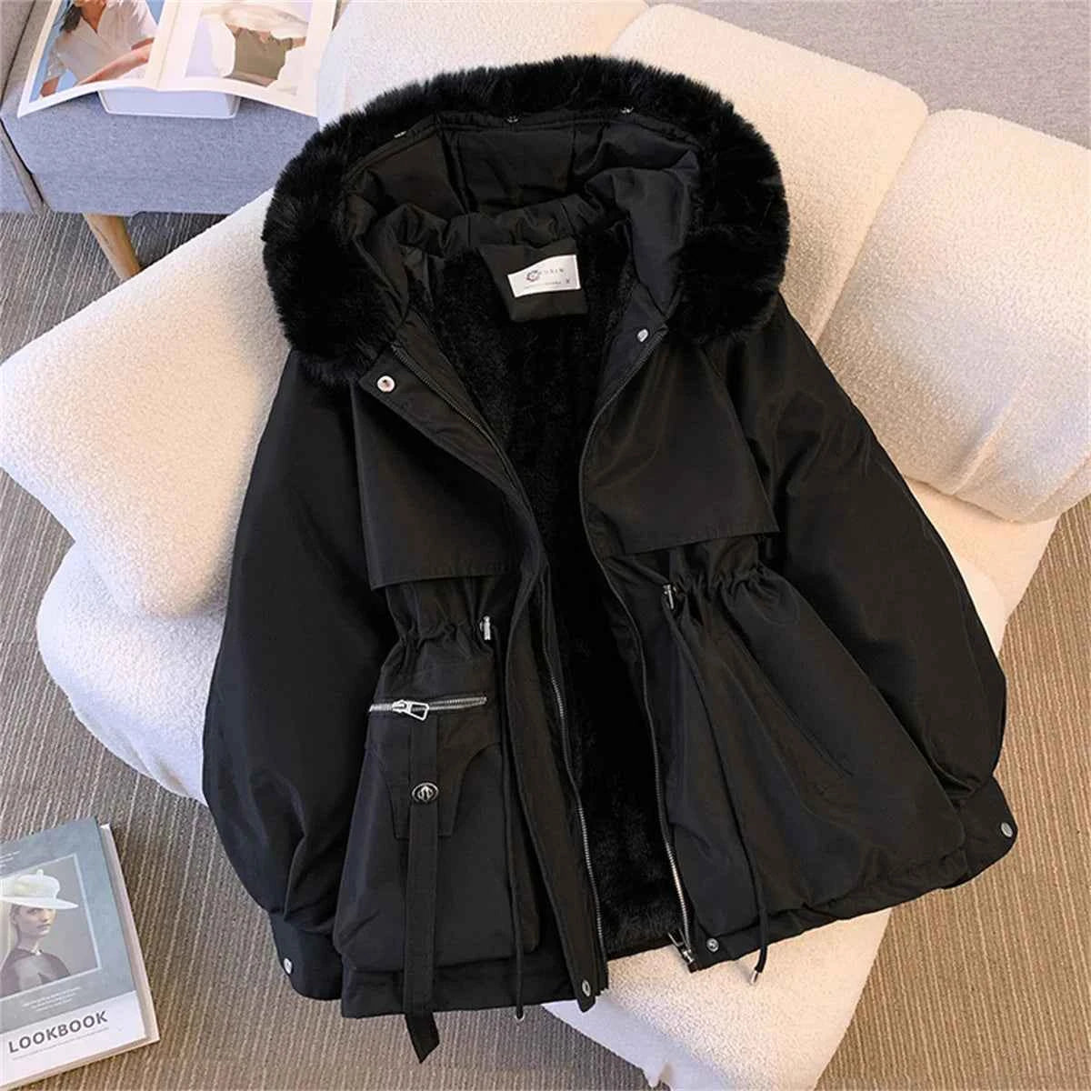 Women’s Korean Hooded Drawstring Padded Jacket – Casual Zip-Up Parka