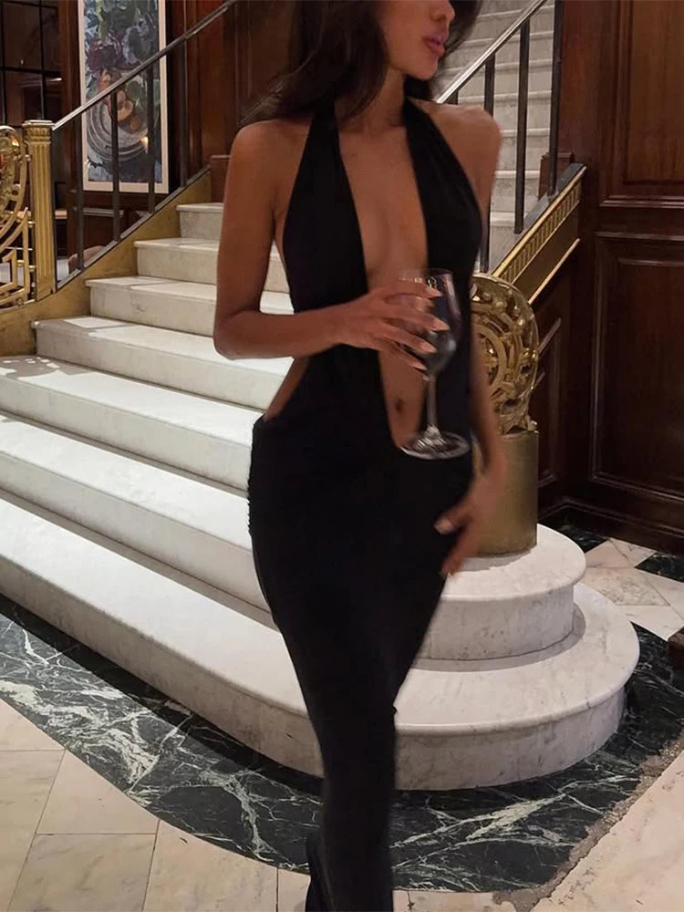 Vestido Maxi Bodycon Escotado en la Espalda con Escote en V Profundo (Vestido de Noche Halter Negro para Mujer)