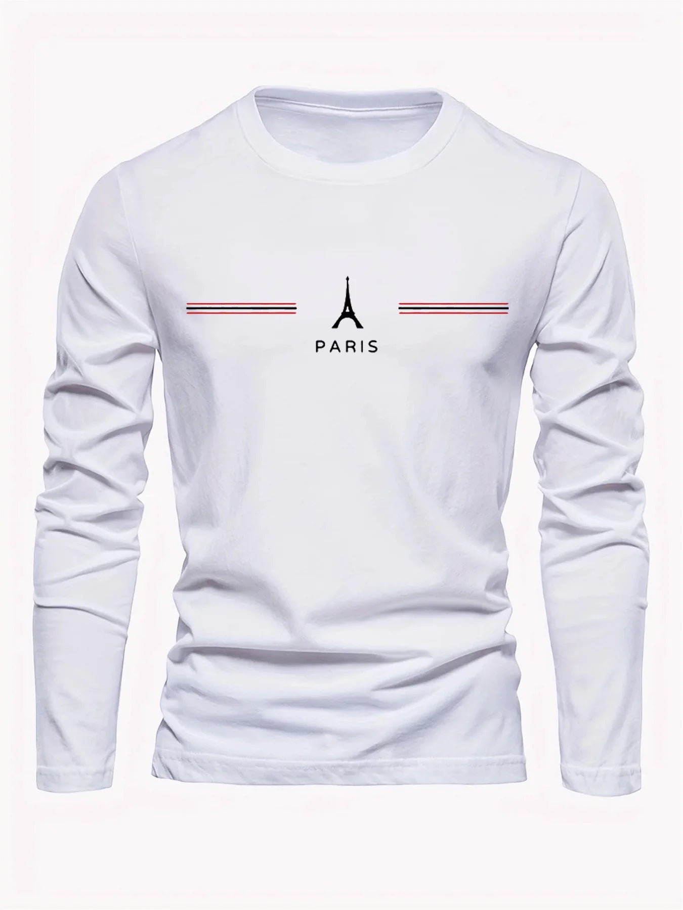 Camiseta de manga larga estampada con letras de París para hombre - 100% algodón, informal y cómoda