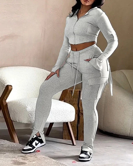 Crop Hoodie & Ruched Sweatpants Set (Women’s 2-Piece Lounge Set)