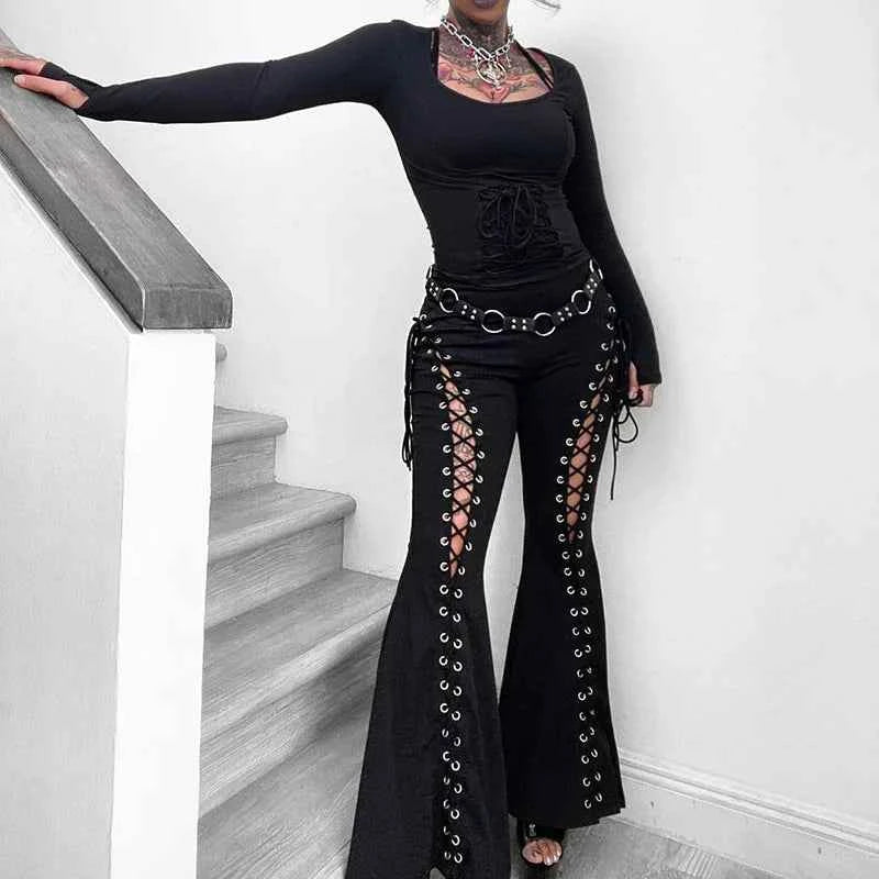 Cut-Out Lace-Up Flare Pants (Women’s Gothic Streetwear Leggings)