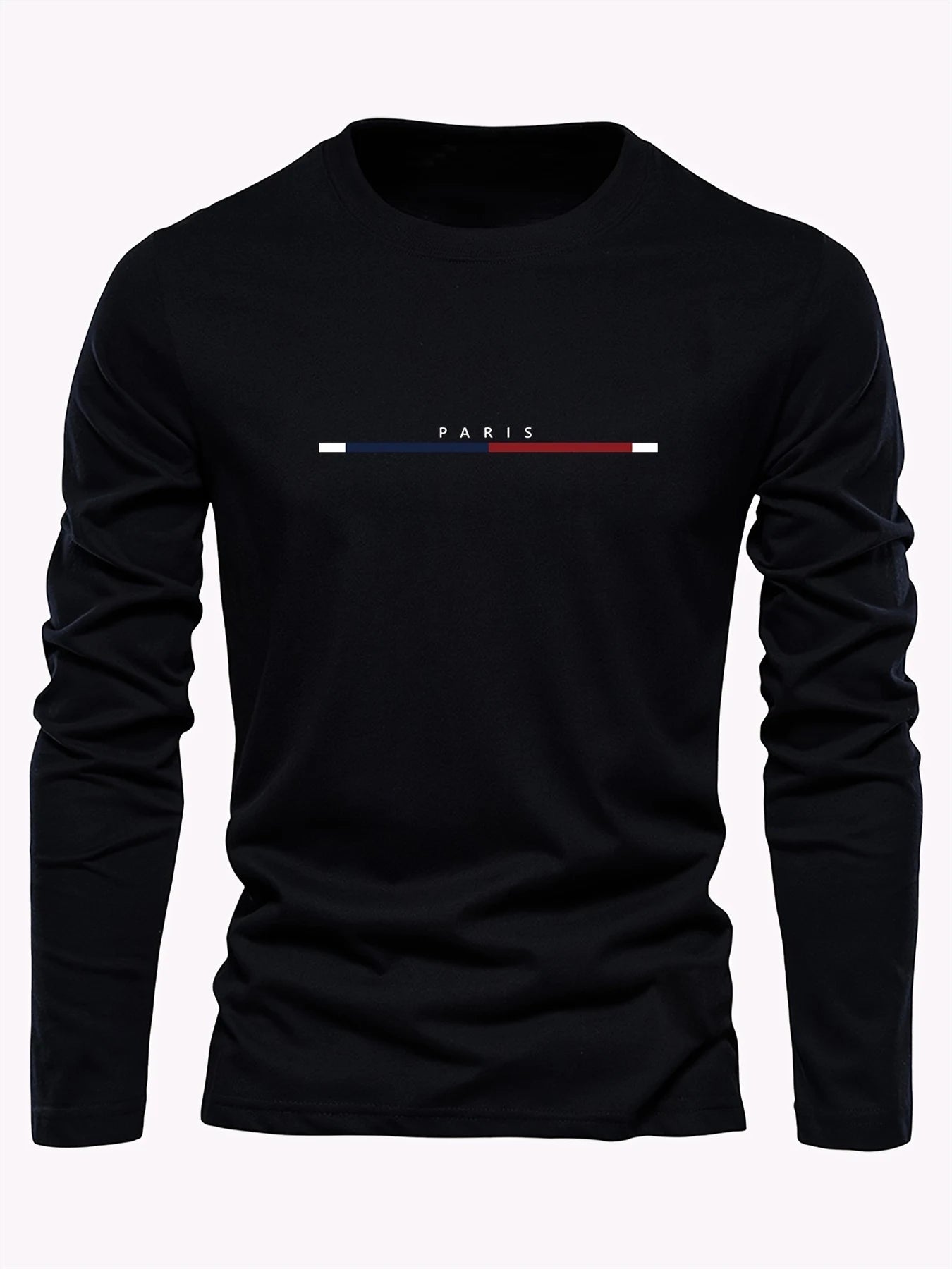 Camiseta de manga larga estampada con letras de París para hombre - 100% algodón, informal y cómoda