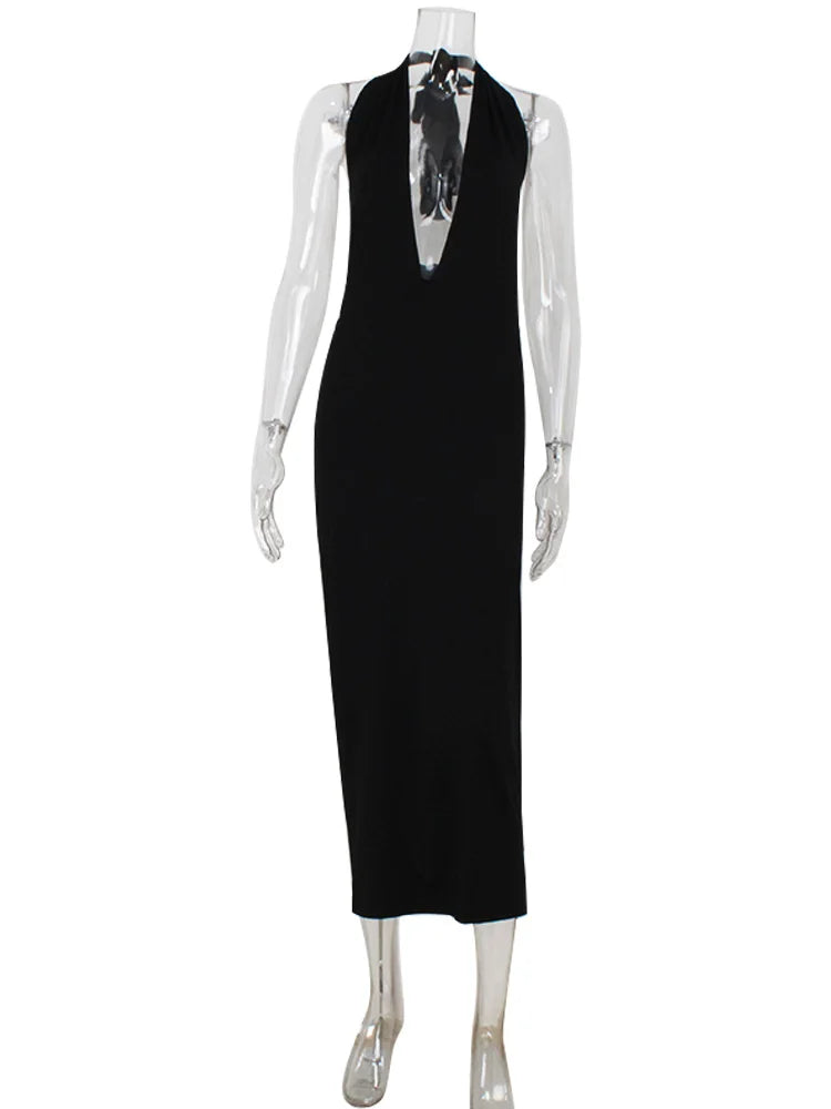 Vestido Maxi Bodycon Escotado en la Espalda con Escote en V Profundo (Vestido de Noche Halter Negro para Mujer)