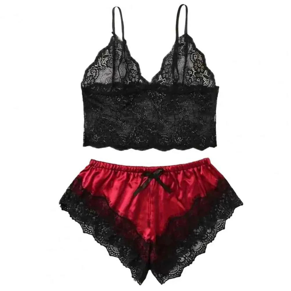 Lace Trim Satin Sleepwear Set (Women’s Camisole & Shorts Pajama Set)