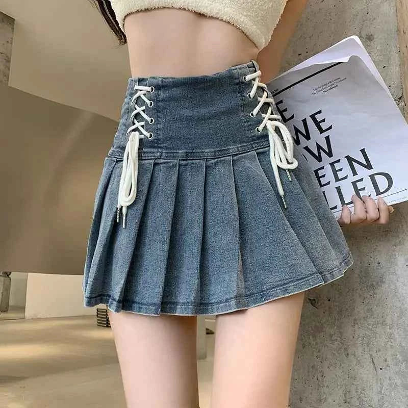 Lace-Up Denim Pleated Mini Skirt (Women’s High Waist Streetwear Skirt)