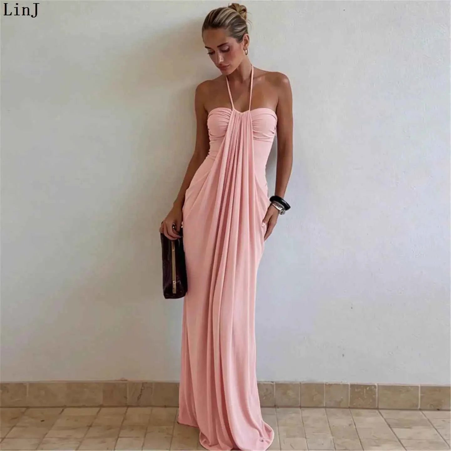 Azure Sunset Maxi Dress | Backless Halter Draped Summer Vacation Dress for Women