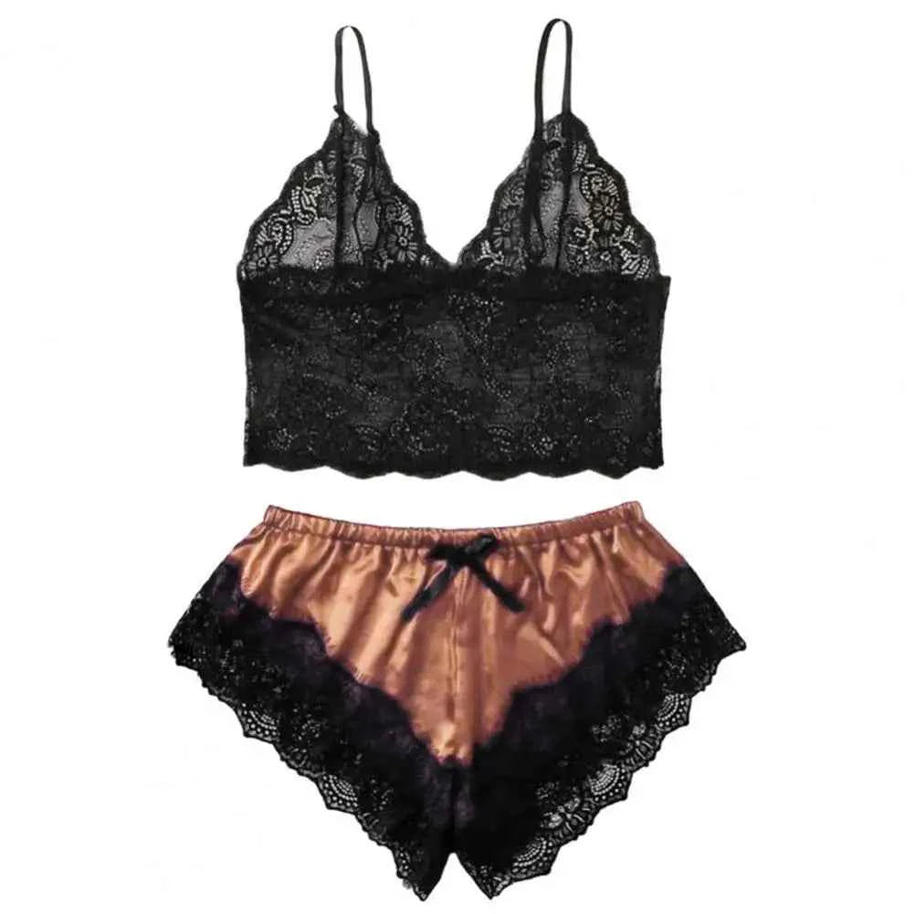 Lace Trim Satin Sleepwear Set (Women’s Camisole & Shorts Pajama Set)