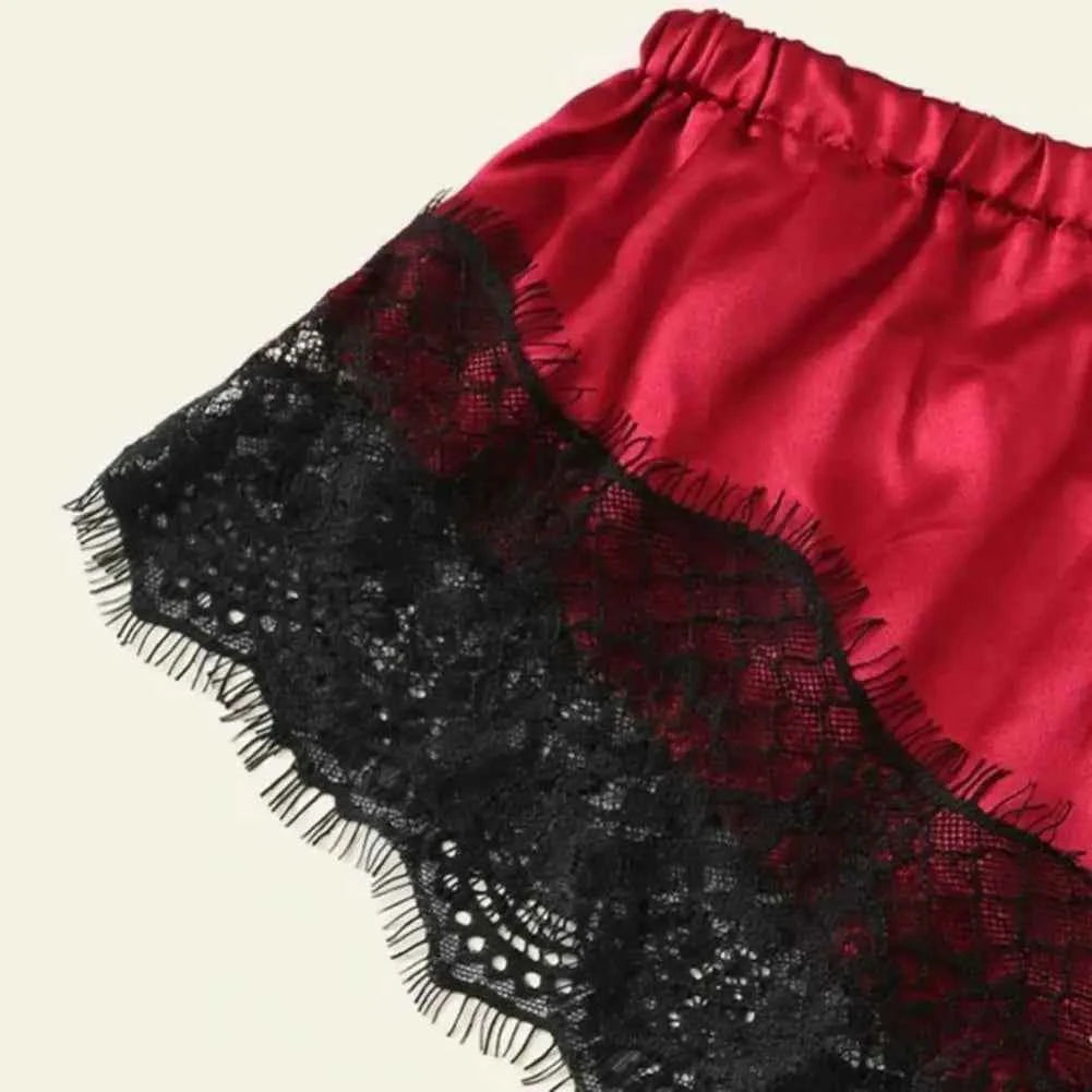 Lace Trim Satin Sleepwear Set (Women’s Camisole & Shorts Pajama Set)